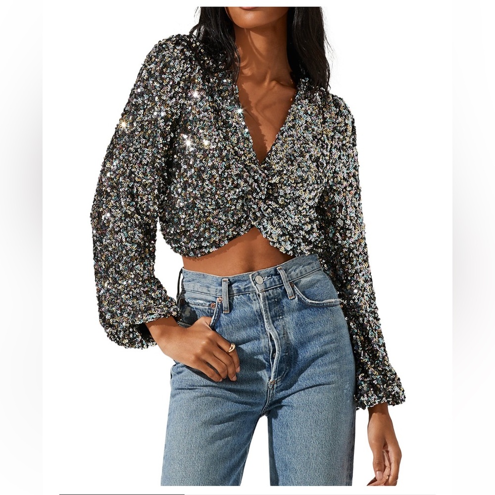 Aqua brand black rainbow sequined long sleeve crop top